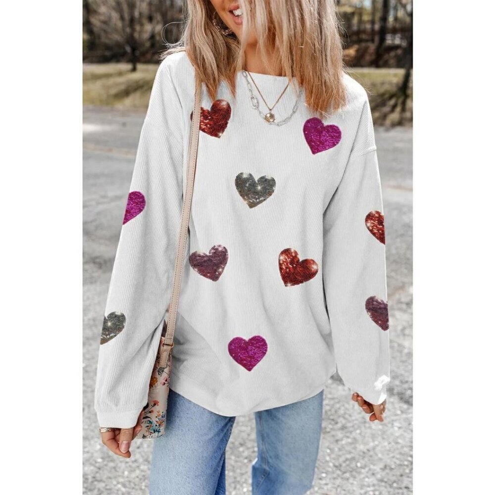 NWT LOLA WHITE MULTICOLOR SEQUIN HEART RIBBED CREWNECK SWEATER
